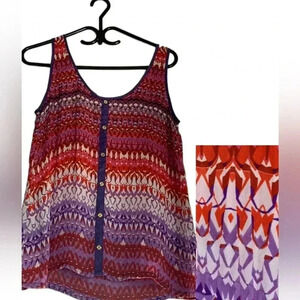 Lady Dutch semi sheer  tunic with purple trim and decorative buttons